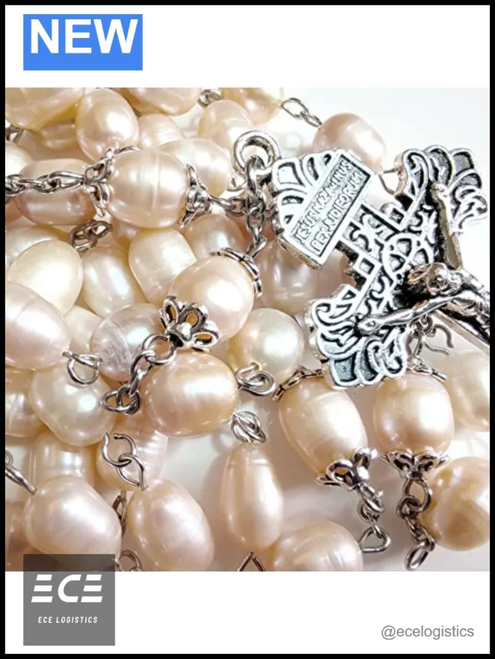 Natural Pearl Rosary Beads Olive Shape Cross Catholic Necklace